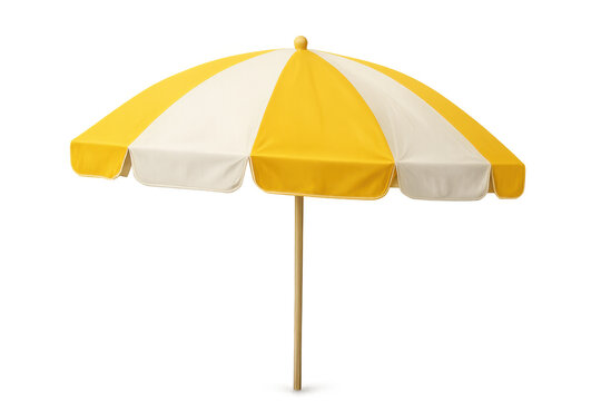 Open beach umbrella with yellow and white alternating panels, offering protection from the sun, isolated on a transparent background