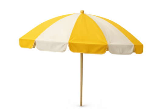 Open beach umbrella with yellow and white alternating panels, offering protection from the sun, isolated on a transparent background - Powered by Adobe