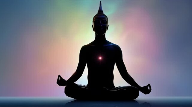 Meditating Buddha silhouette shines with spiritual energy and cosmic glow