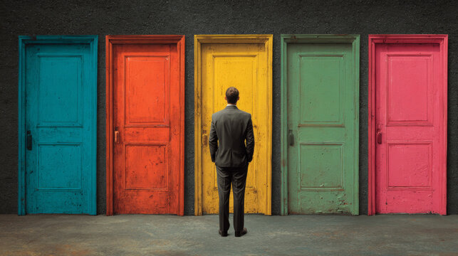 Businessman stands front of colorful doors, contemplating choices and opportunities. vibrant colors evoke sense of possibility and decision making - Powered by Adobe