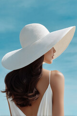 Elegant woman in a wide-brimmed white sun hat and flowing white dress, facing the ocean under clear blue skies, evoking summer luxury and timeless style