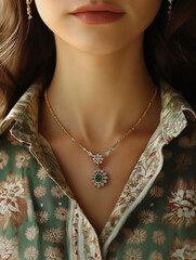 Close-up of woman wearing a luxurious emerald and diamond necklace.