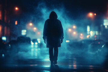 A solitary figure with a hood walks on a fog-filled city street at night.