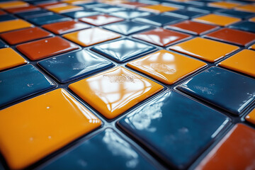 Colorful glossy tiles with square mosaic pattern create a beautiful backdrop.