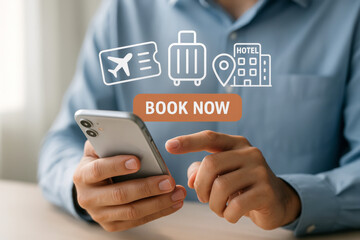 A person uses a smartphone with travel booking icons and a “Book Now” button digitally overlaid, ideal for illustrating mobile reservations, travel planning, or vacation booking apps