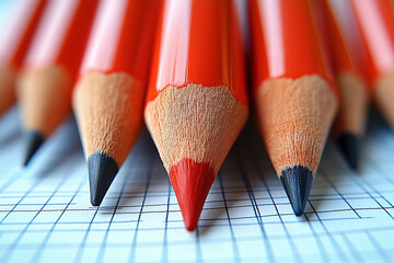 Close-up view of red pencils, ready for writing on paper.