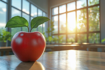 A vibrant red apple sits on a wooden table bathed in sunlight.