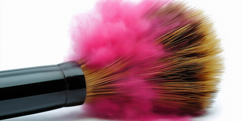A makeup brush creates a pink powder explosion on a white background.