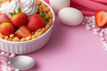 Delectable strawberry crumble dessert with fresh whipped cream and strawberries