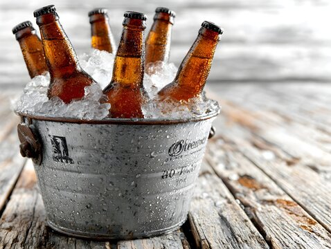 A bucket of ice filled with cold bottles of beer sits on a weathered wooden table ready to be enjoyed.