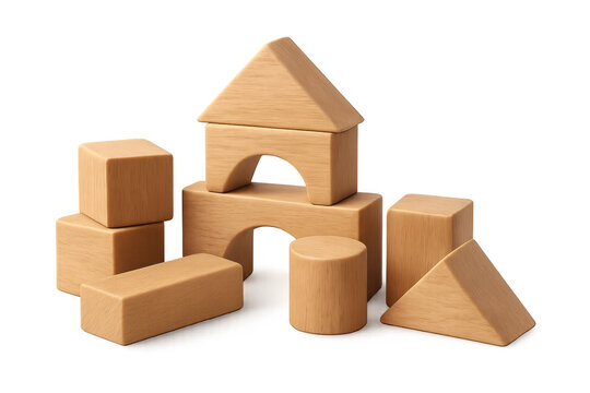 Wooden building blocks stacking into miniature house structure, geometric shapes interlocking on clean white backdrop
