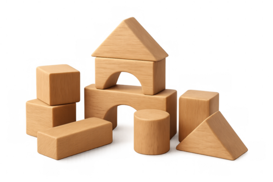 Wooden building blocks stacking into miniature house structure, geometric shapes interlocking on clean white backdrop