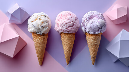 Ice Cream Scoops on Pink and Purple Geometric Paper Background, Studio Lighting, Modern Artistic Style