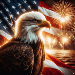 Bald eagle against a backdrop of fireworks and the American flag celebrating Independence Day