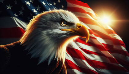 A majestic bald eagle gazes fiercely with determination while set against the waving American flag during a vibrant sunset. This inspiring moment symbolizes national pride and resilience.