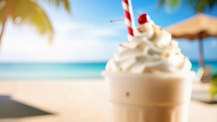 Refreshing milkshake with cherry and straw on beach background for summer vacation vibes.