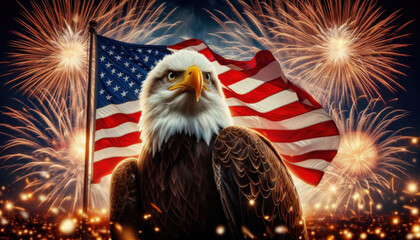 Majestic bald eagle stands proud in front of the American flag, illuminated by a colorful fireworks show that symbolizes national pride and celebration of independence.