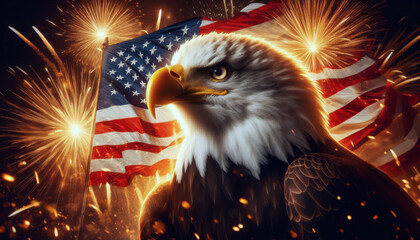 A bald eagle gazes fiercely while surrounded by bursts of colorful fireworks and the American flag. This vibrant display captures the spirit of patriotism amid a night celebration.