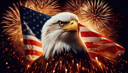 Eagle proudly poses in front of fireworks and American flags during a celebration of national pride and unity