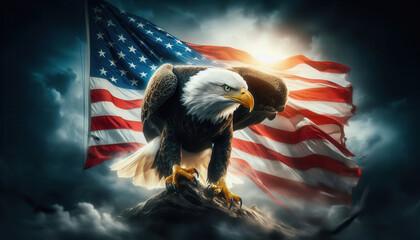 A bald eagle stands proudly on a rocky outcrop, illuminated by the warm glow of sunset. The American flag waves gracefully behind it, symbolizing freedom and strength in a dramatic sky.