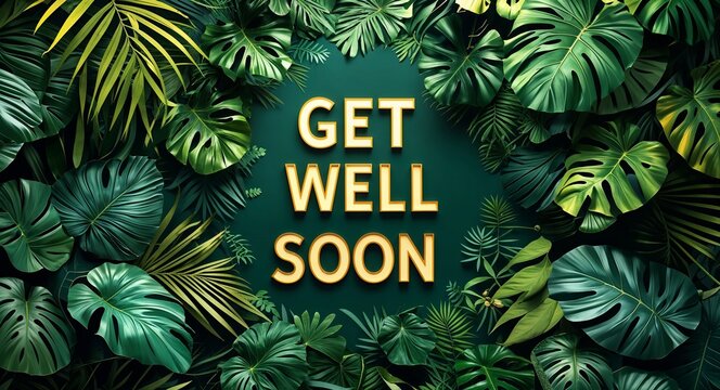Get well soon lettering on jungle leaves background motivation inspiration quote saying