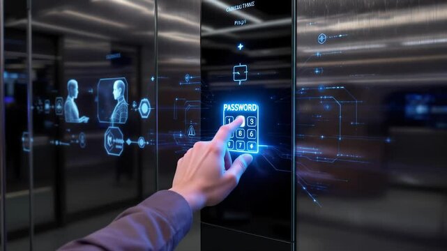 User Interaction with High-Tech Elevator Control Panel Featuring Digital Touchscreen Interface