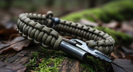 Paracord Survival Bracelet with Multi-Tool on Forest Floor