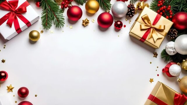 Elegant Christmas border with wrapped gifts, ornaments, pine branches and golden confetti on white background for holiday concepts