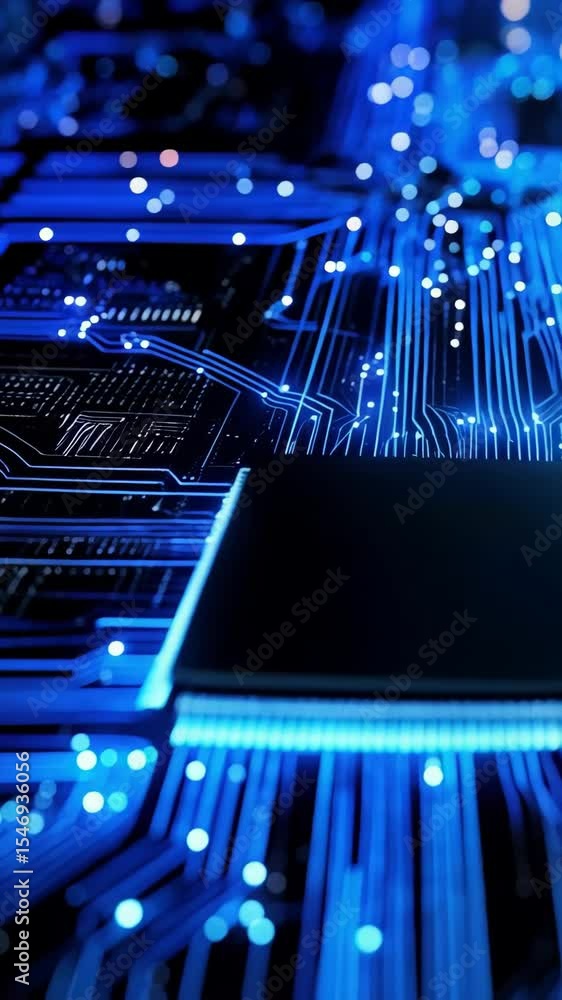 Poster close-up view of a microchip with glowing blue pathways and circuitry, illustrating advanced technol