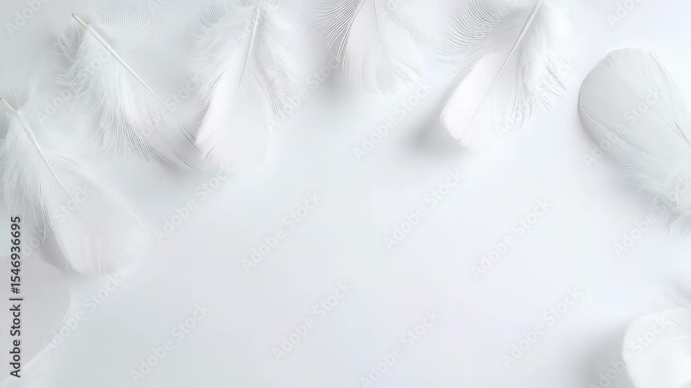 Poster delicate white feathers elegantly arranged around a central blank area on a pristine white backgroun