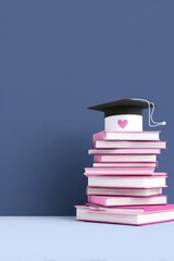 Pink Books Stacked with Graduation Cap on Blue Background
