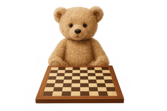 Plush teddy bear strategically moving chess piece during competitive game on checkered board
