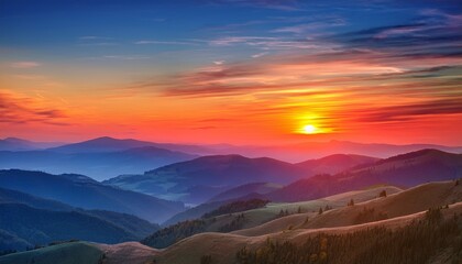 vibrant sunrise over rolling hills with colorful layers and a serene landscape backdrop