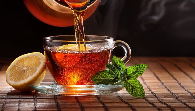 pouring black tea traditional beverage with lemon and mint leaf