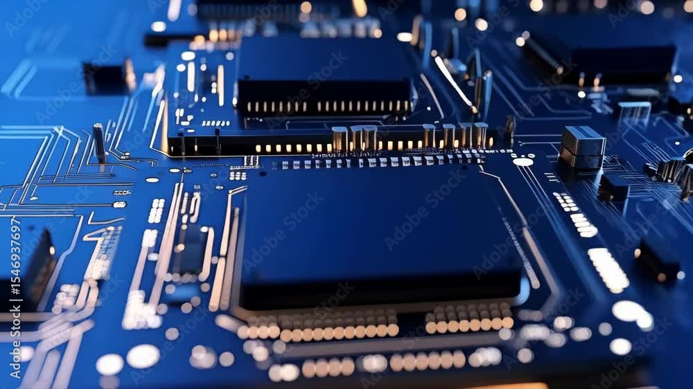 Poster detailed microchip components with integrated circuits and gold traces for electronic engineering ap