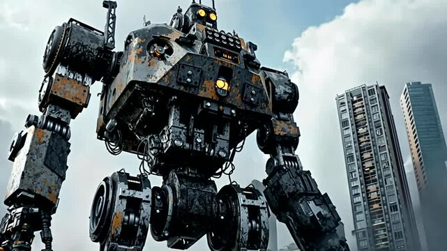 Massive, weathered robot amidst urban cityscape