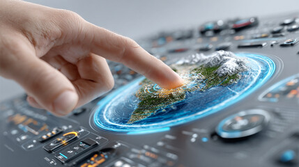 Finger touching holographic earth globe on futuristic interface control panel close up view