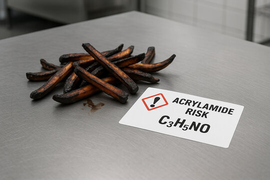 Acrylamide Risk in Food Toxicology Burnt French Fries Indicate Processing Deficiency and Hazard with Chemical Formula Warning