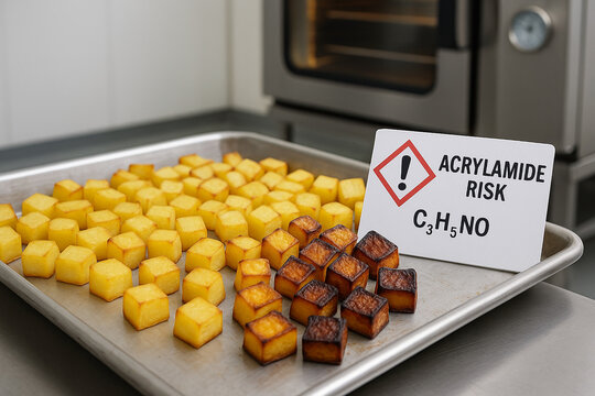 Food Toxicology Assessment of Acrylamide Risk in Diced Potatoes showing a Non-Conforming Batch with Thermal Degradation from a Failed Roasting Process and a Chemical Hazard Identifier
