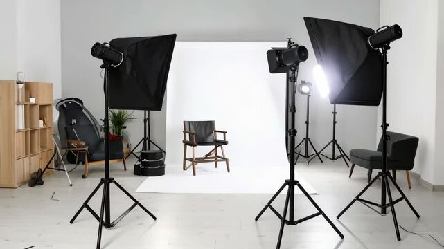 Photography studio setup with lighting equipment and chairs on a white backdrop, ready for a photo or video shooting production indoors
