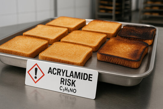 A Food Toxicology Study of Acrylamide Risk showing a Thermal Processing Gradient in Toasted Bread with Non-Conforming Slices Exhibiting Excessive Maillard Reaction and a Hazard Identifier