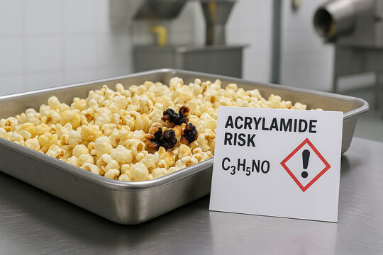 Food Toxicology Analysis of Acrylamide Risk in Popcorn showing a Non-Conforming Product with Thermal Degradation from a Deviant Popping Process and a Chemical Hazard Identifier