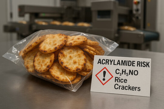 Food Toxicology and Acrylamide Risk Assessment for a Packaged Batch of Rice Crackers showing a Hazard Identifier for Final Product Safety Compliance and Quality Assurance Analysis