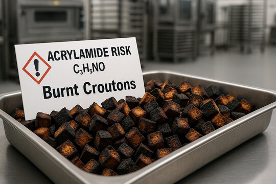 Food Toxicology Analysis of Acrylamide Risk from Extreme Pyrolysis and Thermal Degradation in a Batch of Burnt Croutons from a Failed Baking Process with a Chemical Hazard Identifier