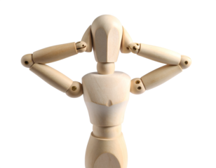 Wooden mannequin figure covering its ears, isolated on white background, suggesting avoidance or distress.