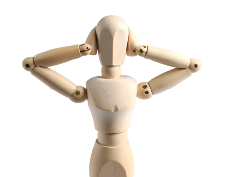 Wooden mannequin figure covering its ears, isolated on white background, suggesting avoidance or distress.