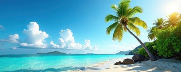 Lush palm tree on idyllic tropical island, vibrant colors, sunny sky , vibrant, colorful