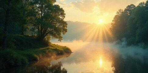 Sunbeams pierce morning mist, illuminating river, trees, reeds , light, yellow