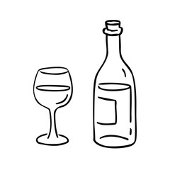 Simple black outline vector illustration of a wine bottle and glass. Ideal for menus, invitations, bar decor, or designs related to celebration and beverages.
