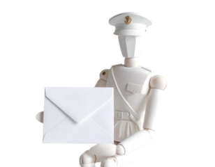 A white articulated mannequin dressed in a postman's uniform holds out a blank envelope.